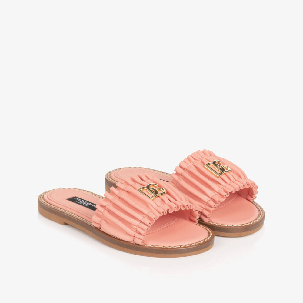 Dolce & Gabbana-Girls Pink Leather Ruffle Sliders with DG Logo | Childrensalon Outlet