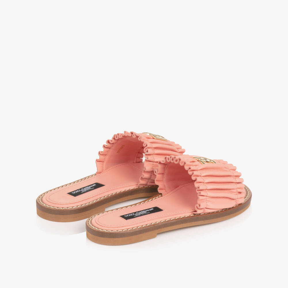 Dolce & Gabbana-Girls Pink Leather Ruffle Sliders with DG Logo | Childrensalon Outlet