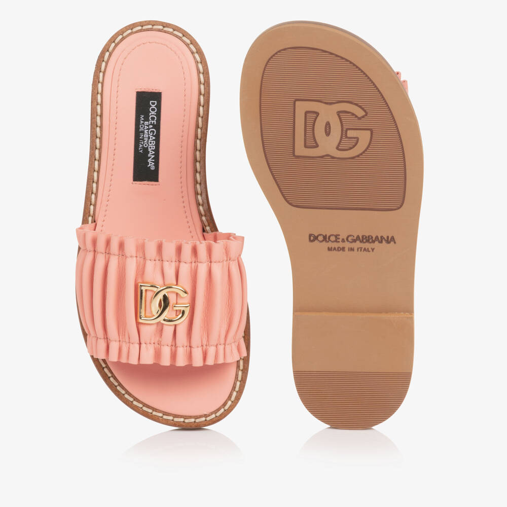 Dolce & Gabbana-Girls Pink Leather Ruffle Sliders with DG Logo | Childrensalon Outlet
