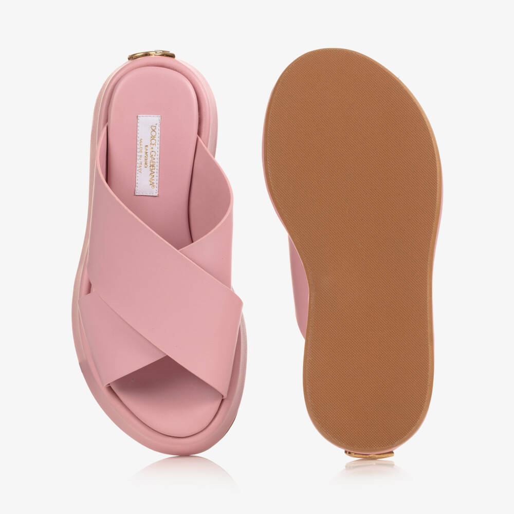 Dolce & Gabbana-Girls Pink Leather Sliders | Childrensalon Outlet