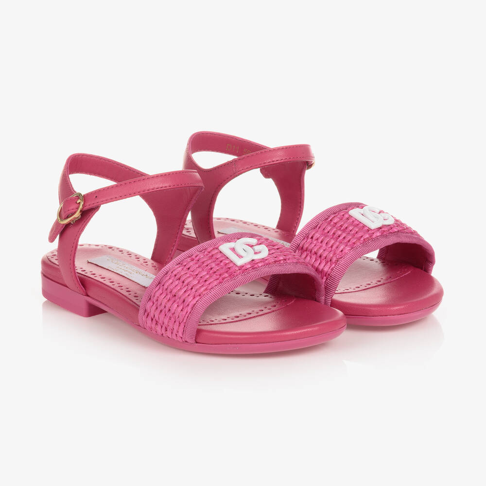 Dolce & Gabbana - Girls Pink Leather & Straw Logo Sandals | Childrensalon