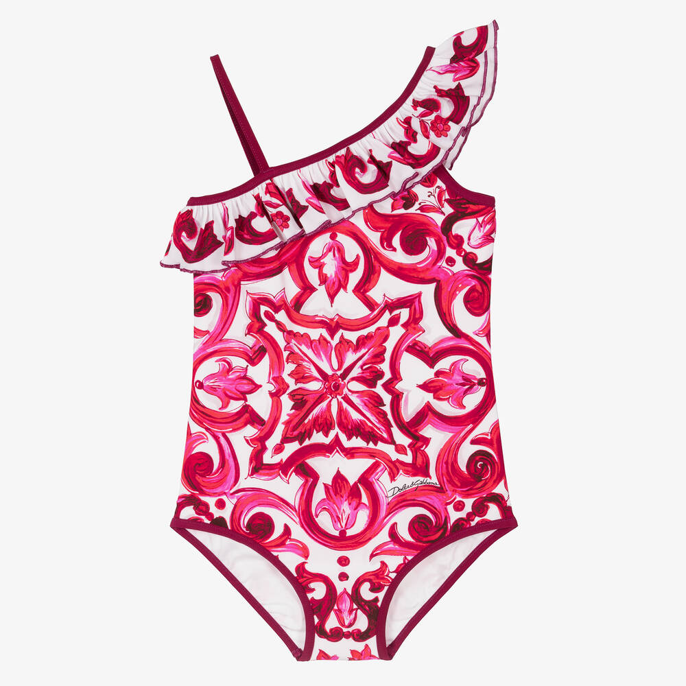 Dolce & Gabbana - Girls Pink Majolica Asymmetric Swimsuit | Childrensalon
