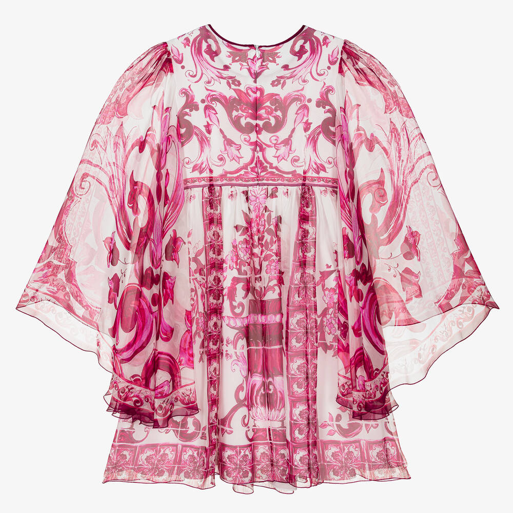 Dolce & Gabbana-فستان حرير شيفون لون أبيض وزهري بطبعة ماجوليكا | Childrensalon Outlet