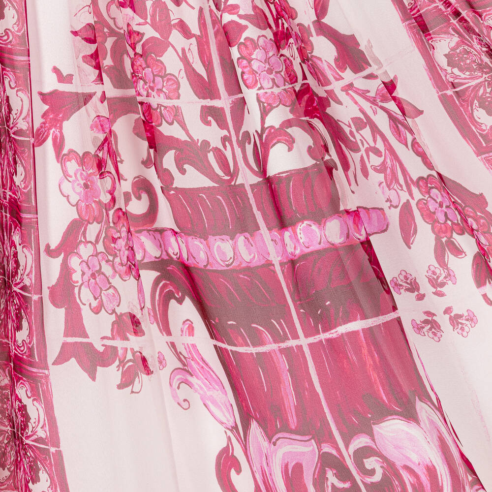 Dolce & Gabbana-فستان حرير شيفون لون أبيض وزهري بطبعة ماجوليكا | Childrensalon Outlet