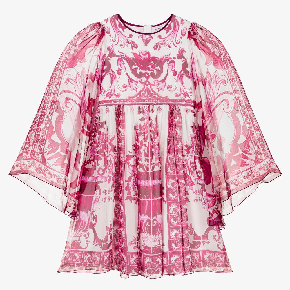 Dolce & Gabbana - فستان حرير شيفون لون أبيض وزهري بطبعة ماجوليكا | Childrensalon