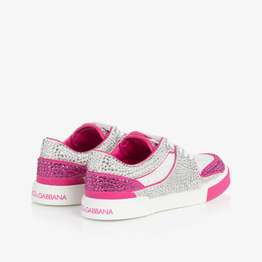 Dolce & Gabbana-Girls' Pink Rhinestone Leather Sneakers | Childrensalon Outlet