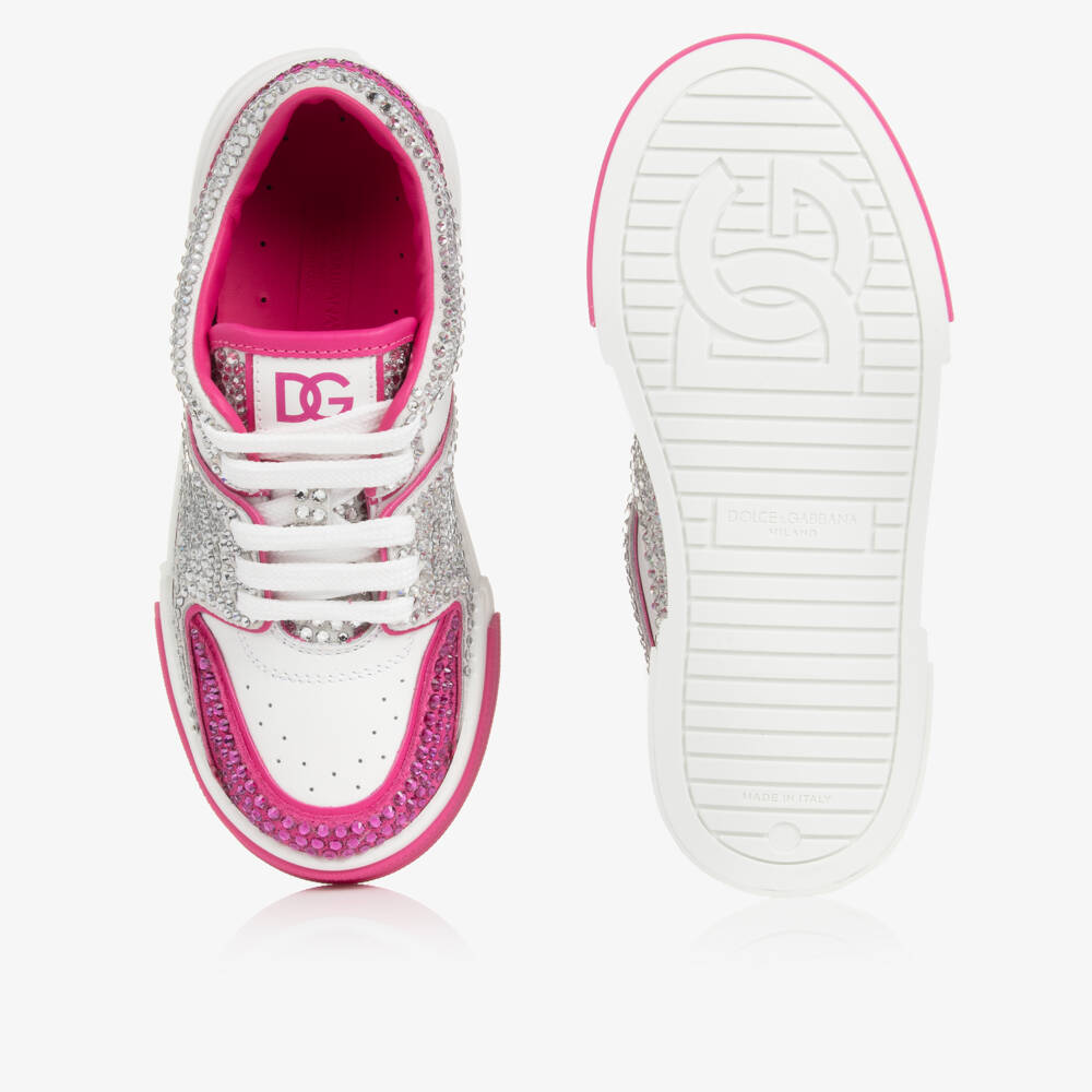 Dolce & Gabbana-Girls' Pink Rhinestone Leather Sneakers | Childrensalon Outlet