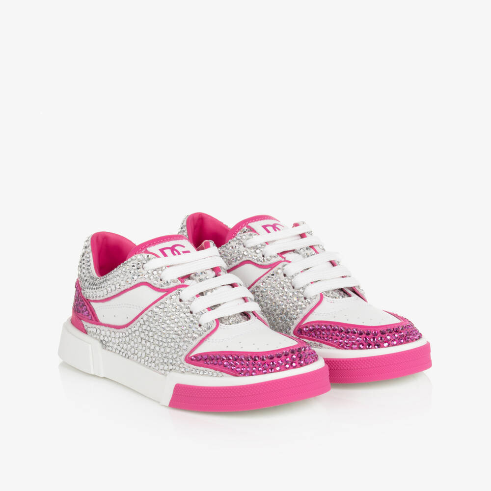 Dolce & Gabbana-حذاء رياضي جلدي وردي للبنات مزين بأحجار الراين | Childrensalon Outlet
