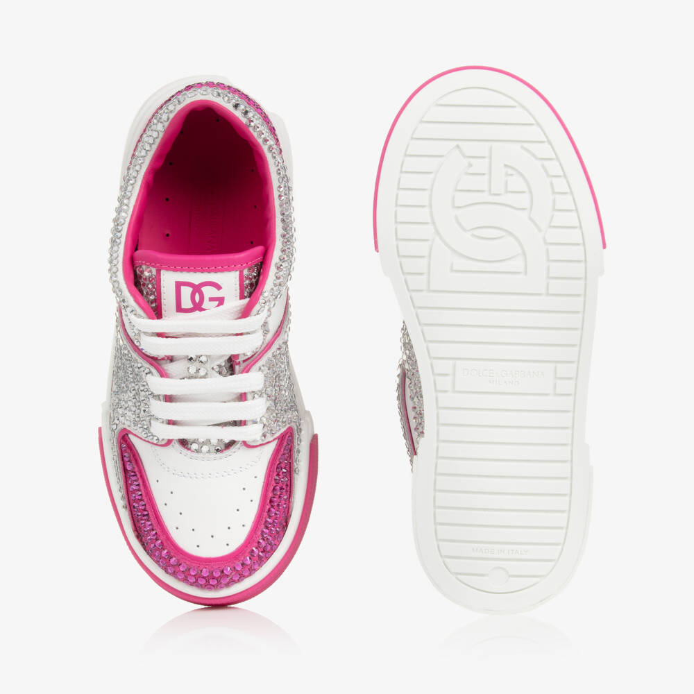 Dolce & Gabbana-Girls' Pink Rhinestone Leather Sneakers | Childrensalon Outlet