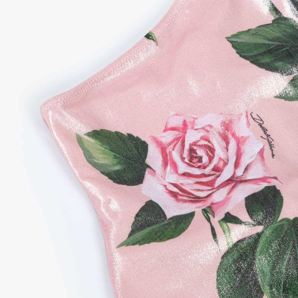 Dolce & Gabbana-Girls Pink Rose Asymmetric Swimsuit | Childrensalon Outlet