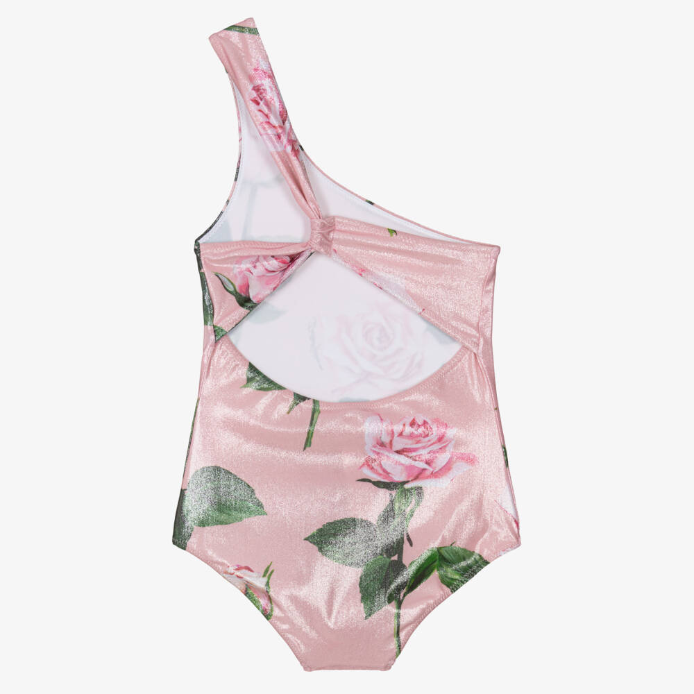 Dolce & Gabbana-Girls Pink Rose Asymmetric Swimsuit | Childrensalon Outlet