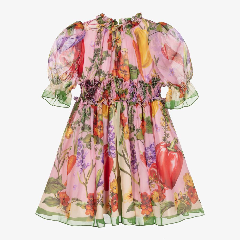 Dolce & Gabbana - Girls Pink Silk Farmer Print Dress | Childrensalon