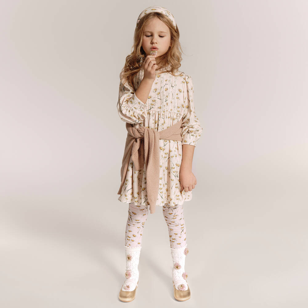 Dolce & Gabbana-Girls Pink Twill Daisy Print Dress with Lace Trim | Childrensalon Outlet