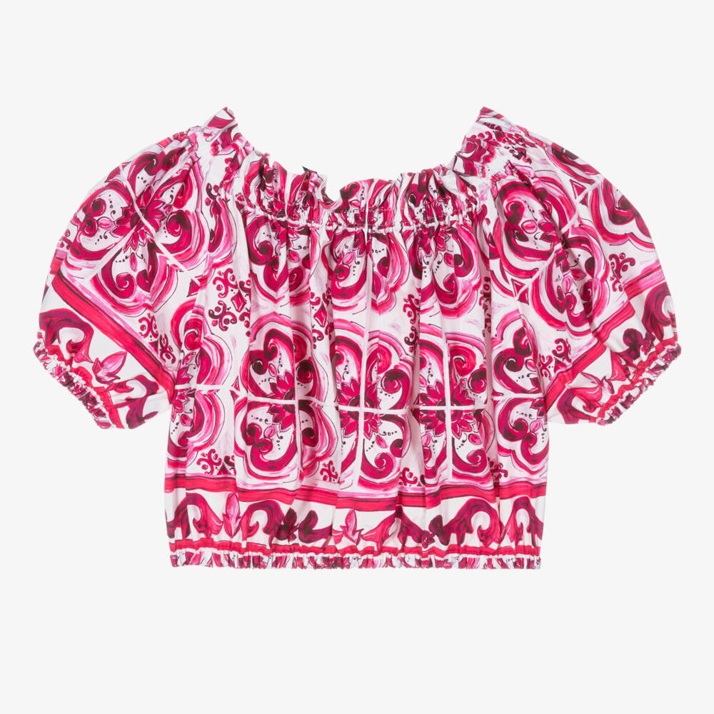 Dolce & Gabbana-Girls Pink & White Cotton Majolica Blouse | Childrensalon Outlet