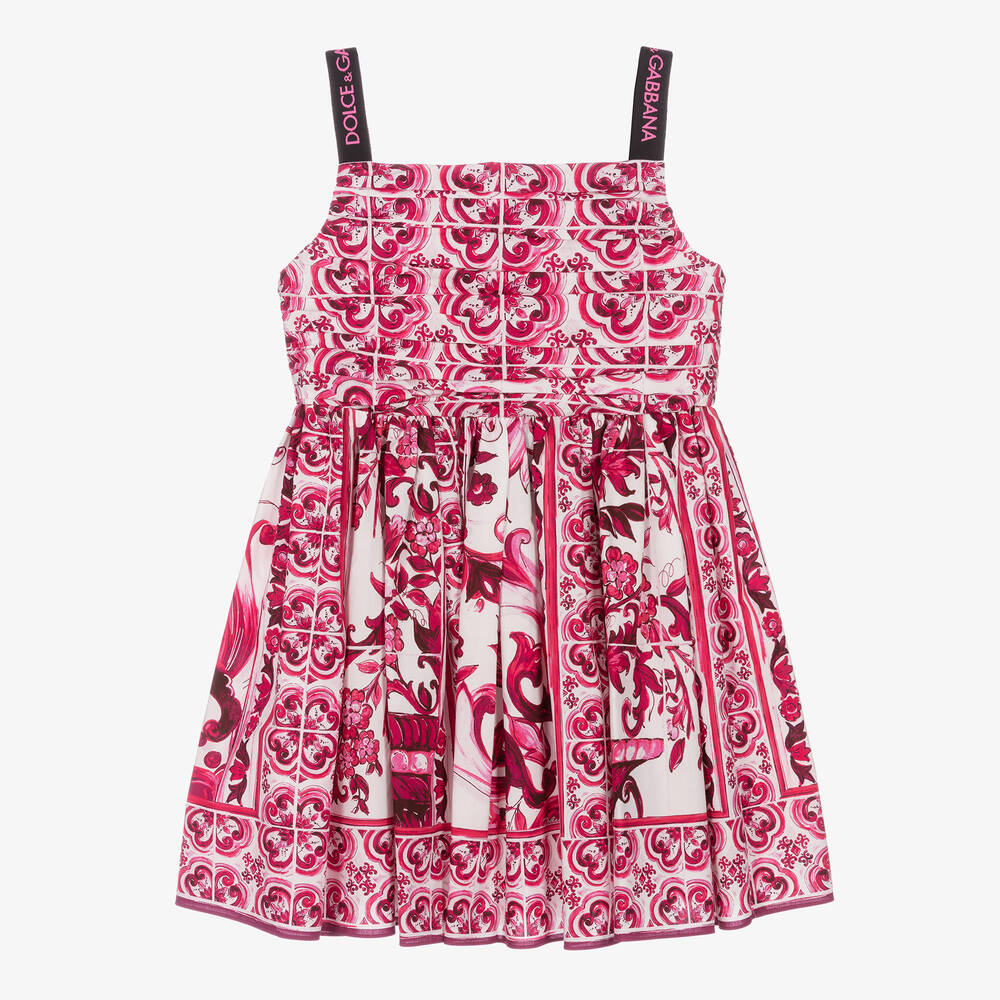 Dolce & Gabbana - Girls Pink & White Cotton Majolica Dress | Childrensalon