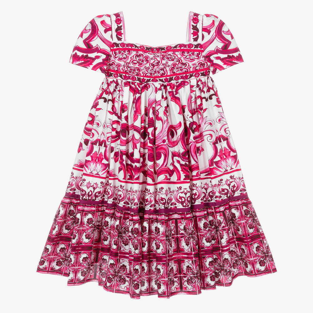 Dolce & Gabbana - فستان قطن بوبلين لون زهري وأبيض بطبعة ماجوليكا | Childrensalon