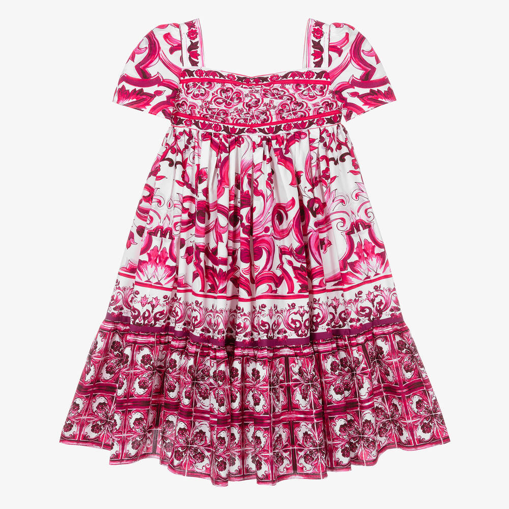 Dolce & Gabbana - Girls Pink & White Cotton Majolica Dress | Childrensalon