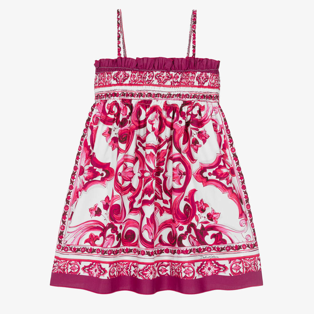 Dolce & Gabbana - فستان قطن بوبلين لون زهري وأبيض بطبعة ماجوليكا | Childrensalon