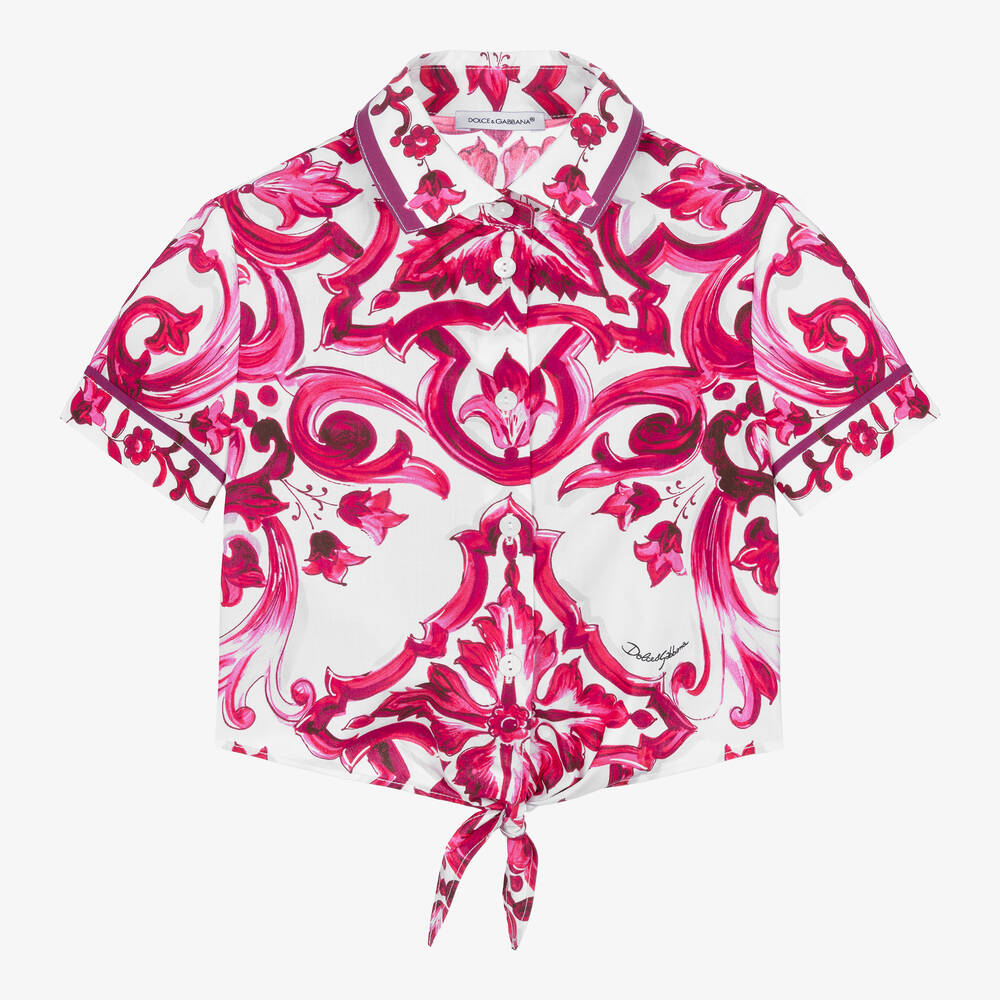 Dolce & Gabbana - قميص قطن بوبلين لون زهري وأبيض بطبعة ماجوليكا | Childrensalon