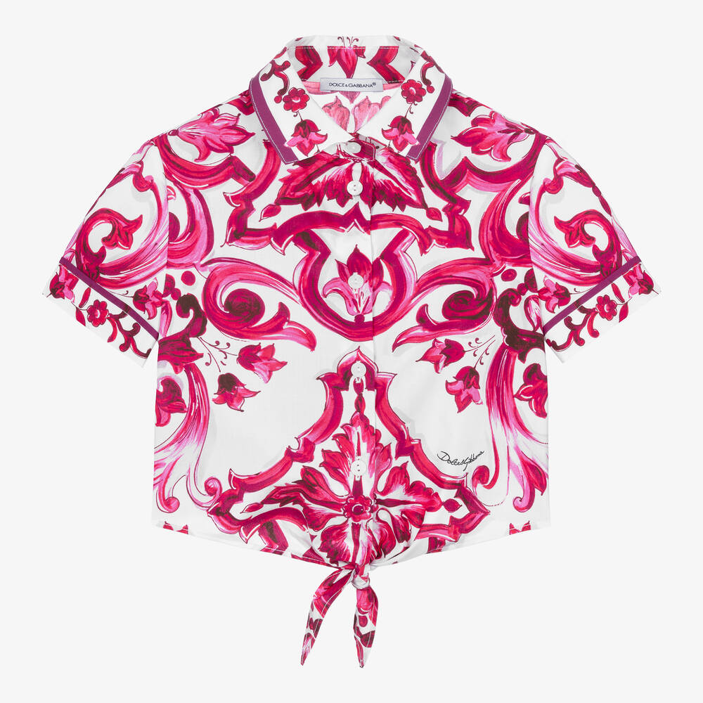 DOLCE & GABBANA カサシャカトテリスリッハ TCF014TCAG MU0008 Dolce & Gabbana - Girls Pink & White Cotton Majolica Shirt