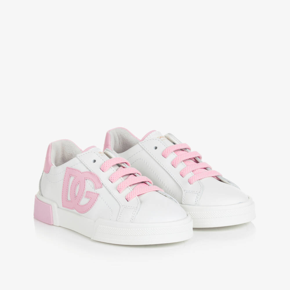 Dolce & Gabbana-Girls Pink & White Leather DG Trainers | Childrensalon Outlet