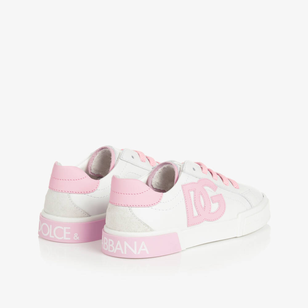 Dolce & Gabbana-Girls Pink & White Leather DG Trainers | Childrensalon Outlet