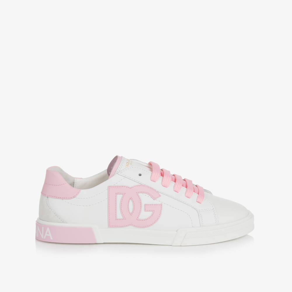 Dolce & Gabbana-Girls Pink & White Leather DG Trainers | Childrensalon Outlet