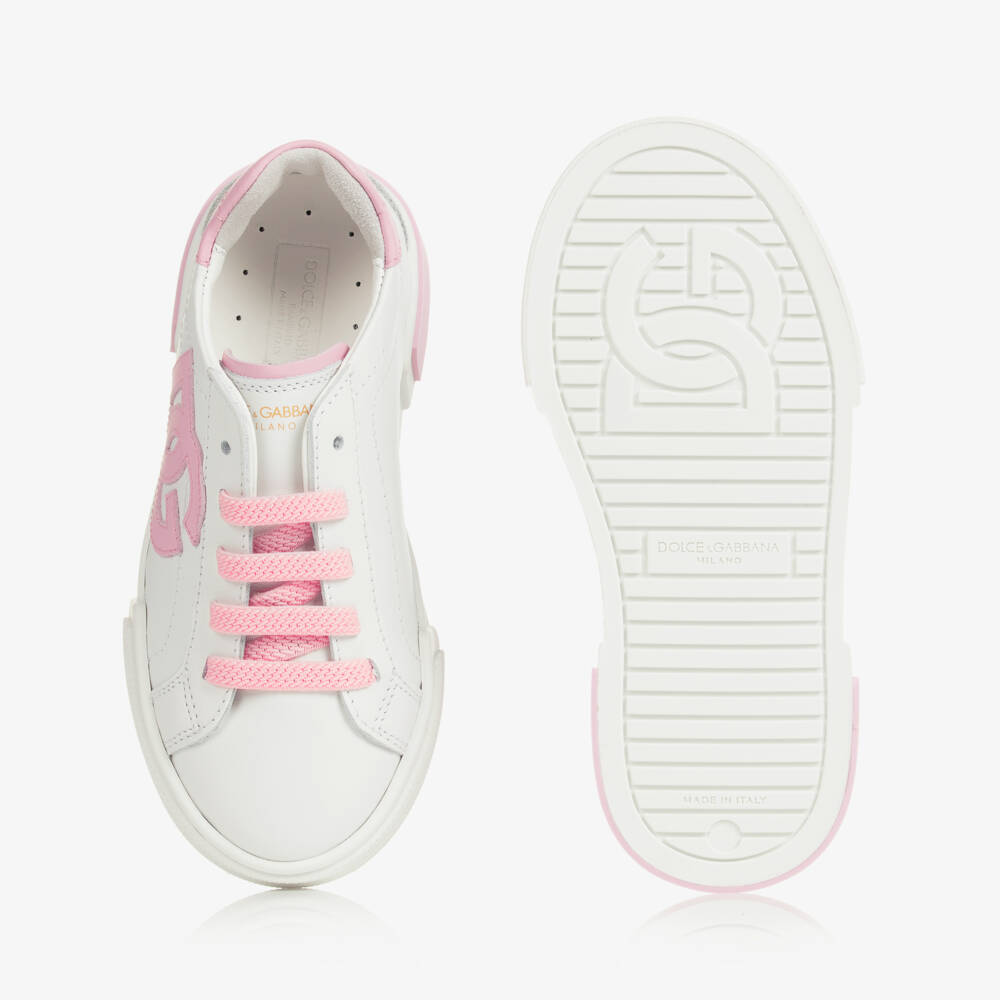 Dolce & Gabbana-Girls Pink & White Leather DG Trainers | Childrensalon Outlet