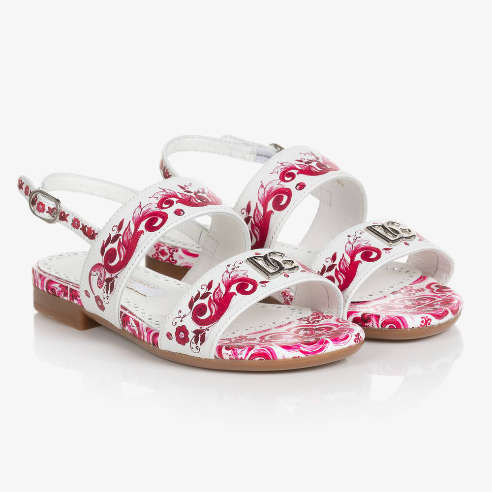 Dolce & Gabbana - Girls Pink & White Leather Majolica Sandals | Childrensalon