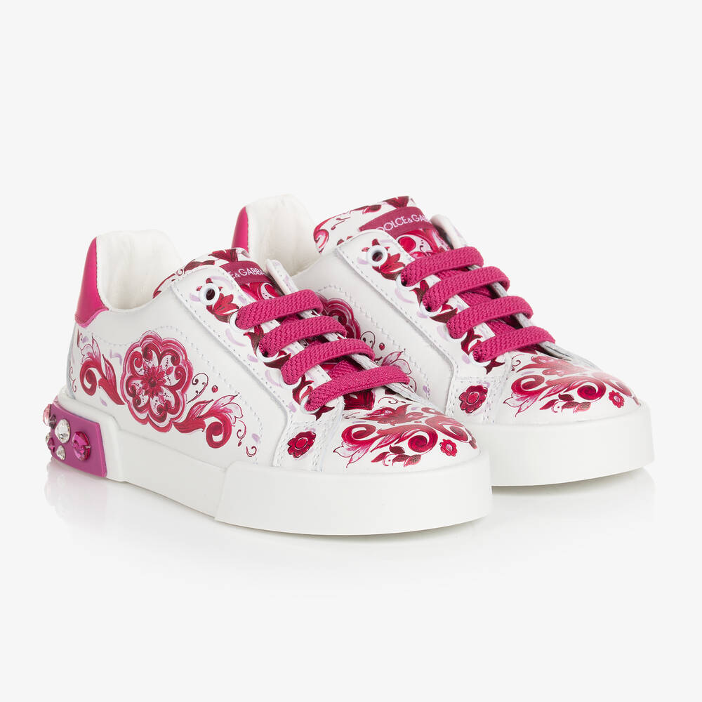 Dolce & Gabbana - Бело-розовые кожаные кроссовки с принтом Majolica | Childrensalon