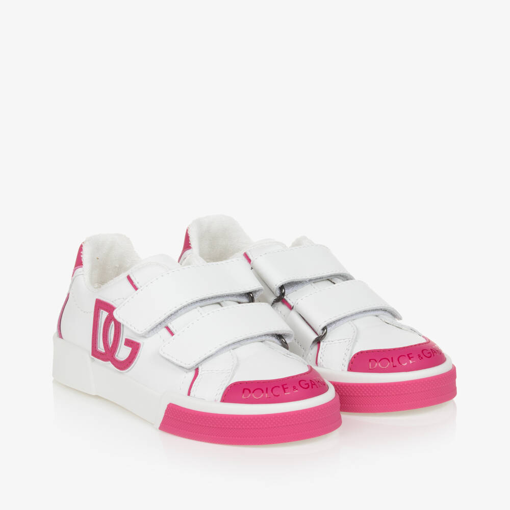 Dolce & Gabbana-Girls Pink & White Leather Trainers | Childrensalon Outlet