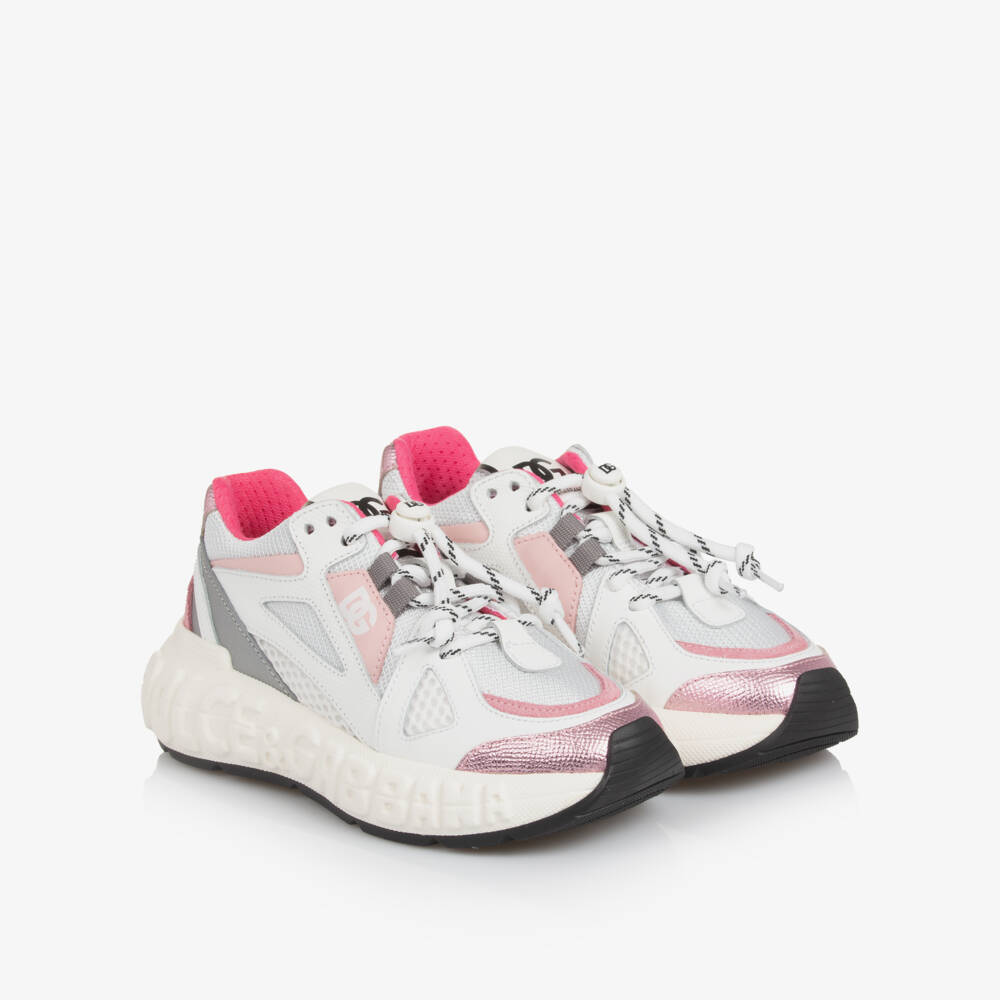 Dolce & Gabbana-Girls Pink & White Logo Trainers | Childrensalon Outlet