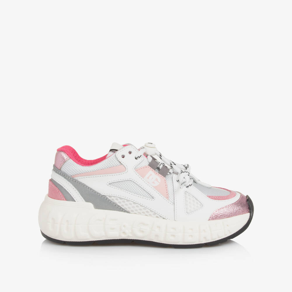 Dolce & Gabbana-Girls Pink & White Logo Trainers | Childrensalon Outlet