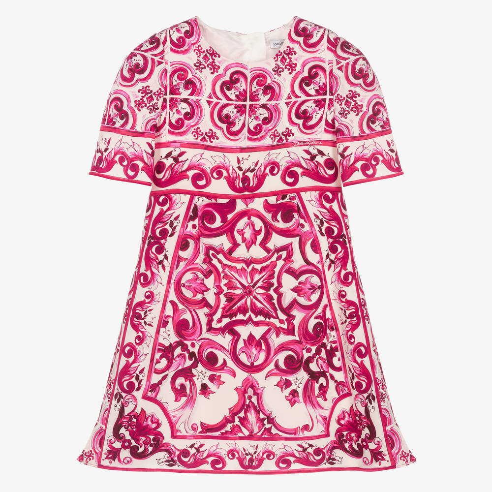 Dolce & Gabbana - فستان حرير لون زهري وأبيض بطبعة ماجوليكا | Childrensalon