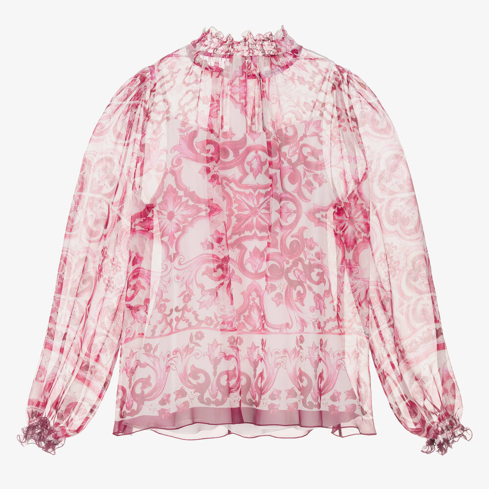 Dolce & Gabbana - Бело-розовая хлопковая блузка с принтом Majolica | Childrensalon