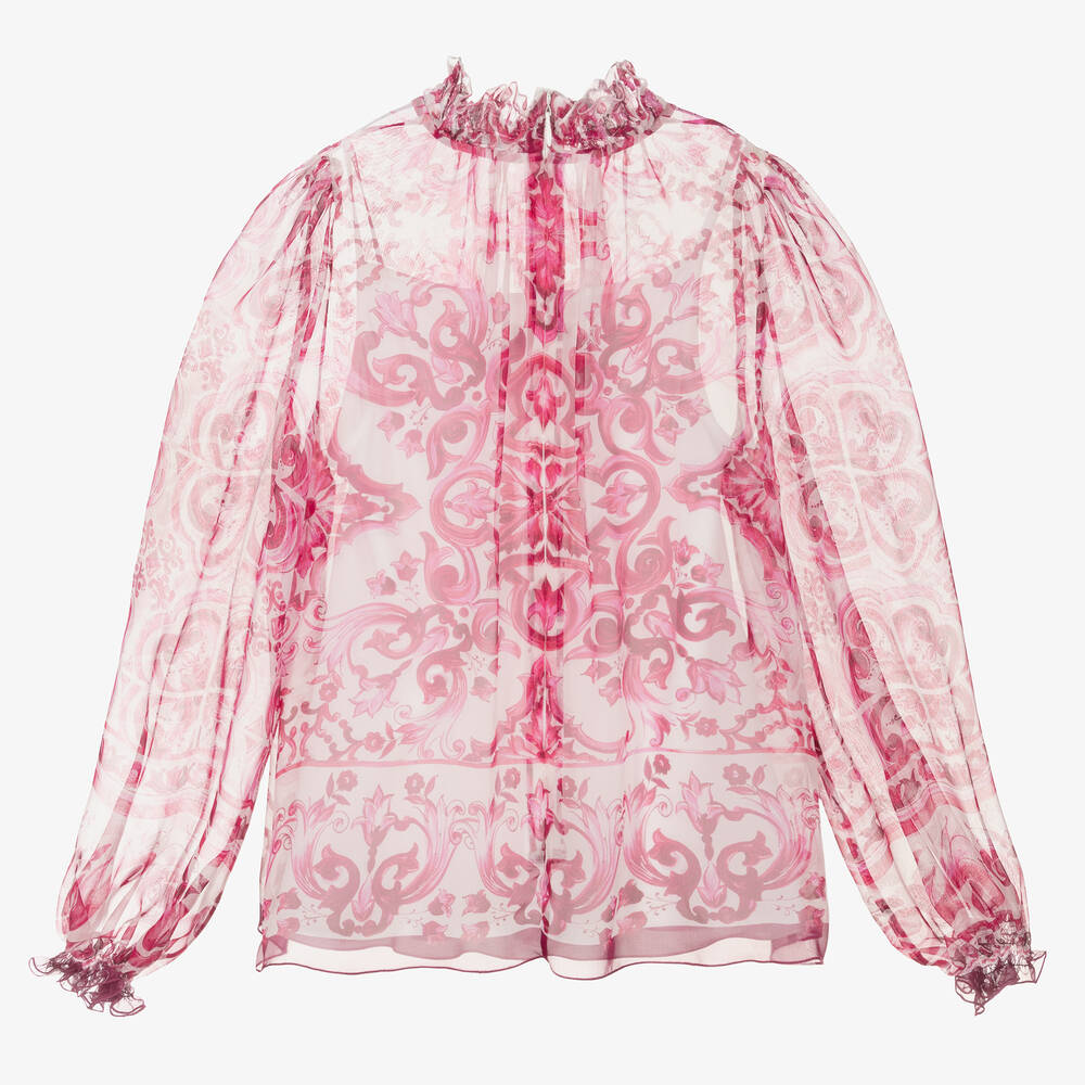 Dolce & Gabbana-بلوز بطبعة ماجوليكا حرير لون زهري وأبيض | Childrensalon Outlet
