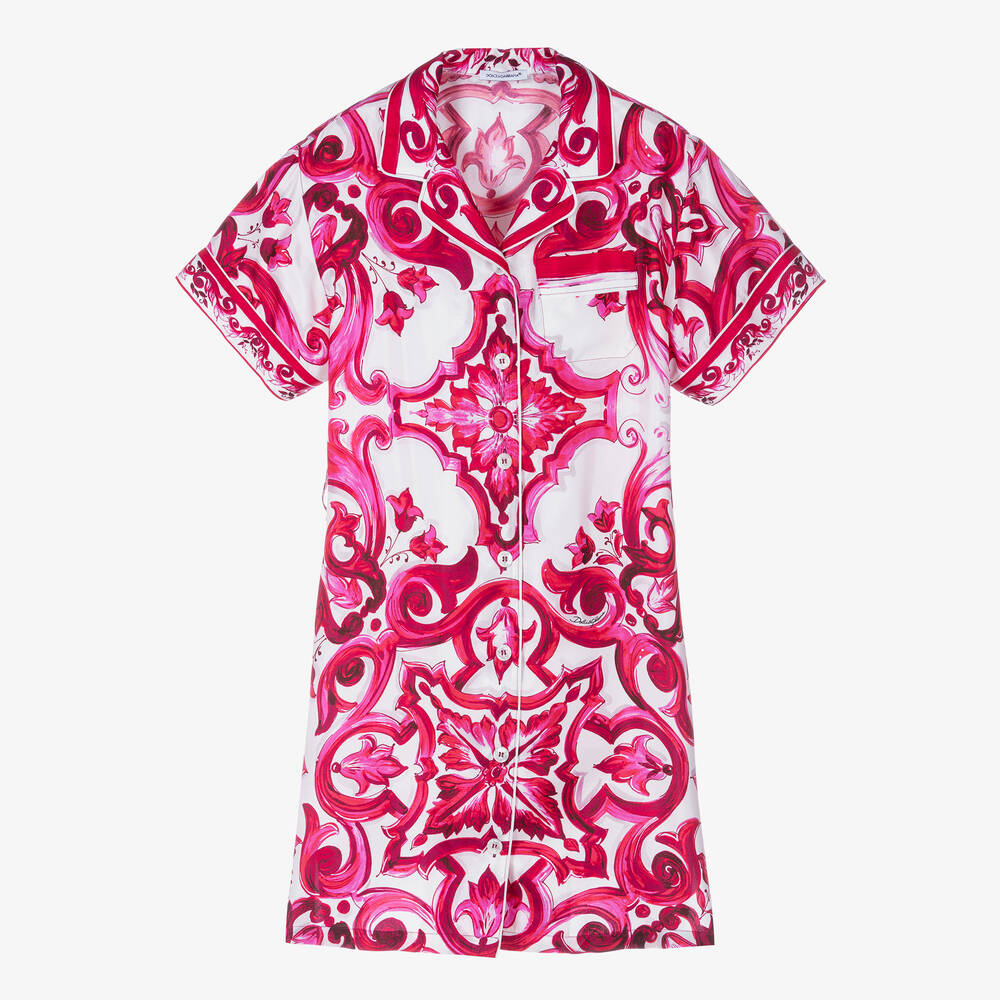 Dolce & Gabbana-فستان بطبعة ماجوليكا حرير لون زهري وأبيض | Childrensalon Outlet