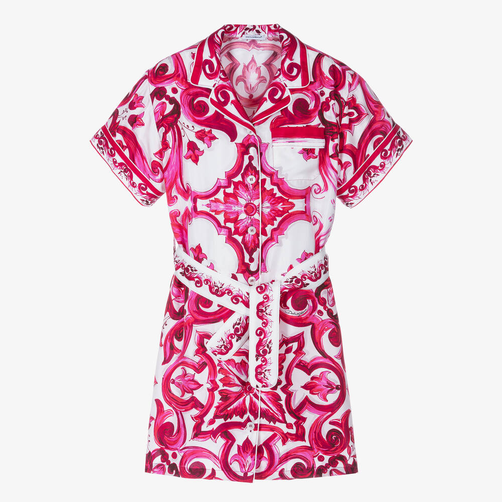 Dolce & Gabbana - فستان بطبعة ماجوليكا حرير لون زهري وأبيض | Childrensalon