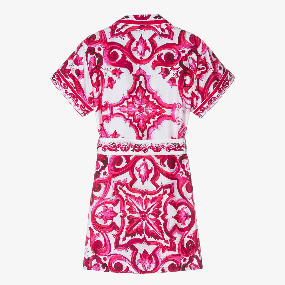 Dolce & Gabbana-فستان بطبعة ماجوليكا حرير لون زهري وأبيض | Childrensalon Outlet