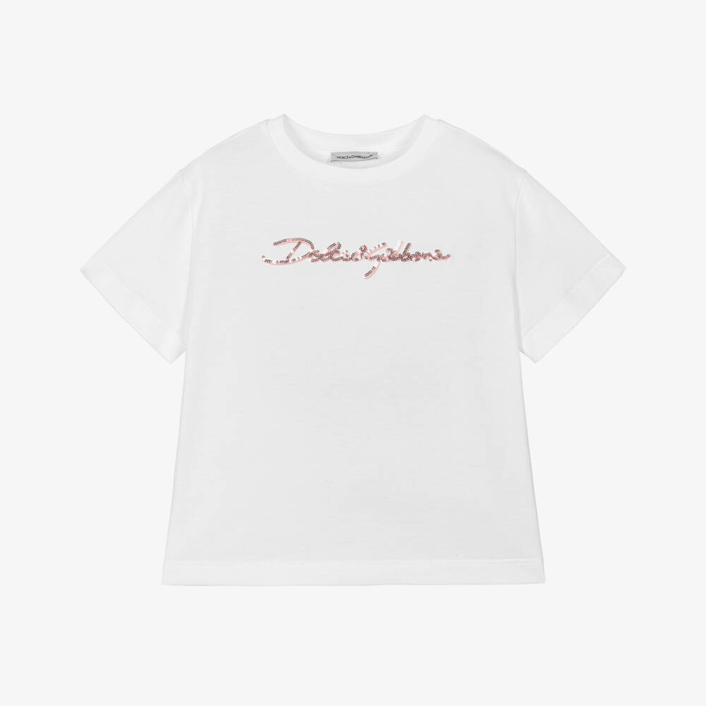 Dolce & Gabbana-Girls Pink & White Sparkle Tee | Childrensalon Outlet