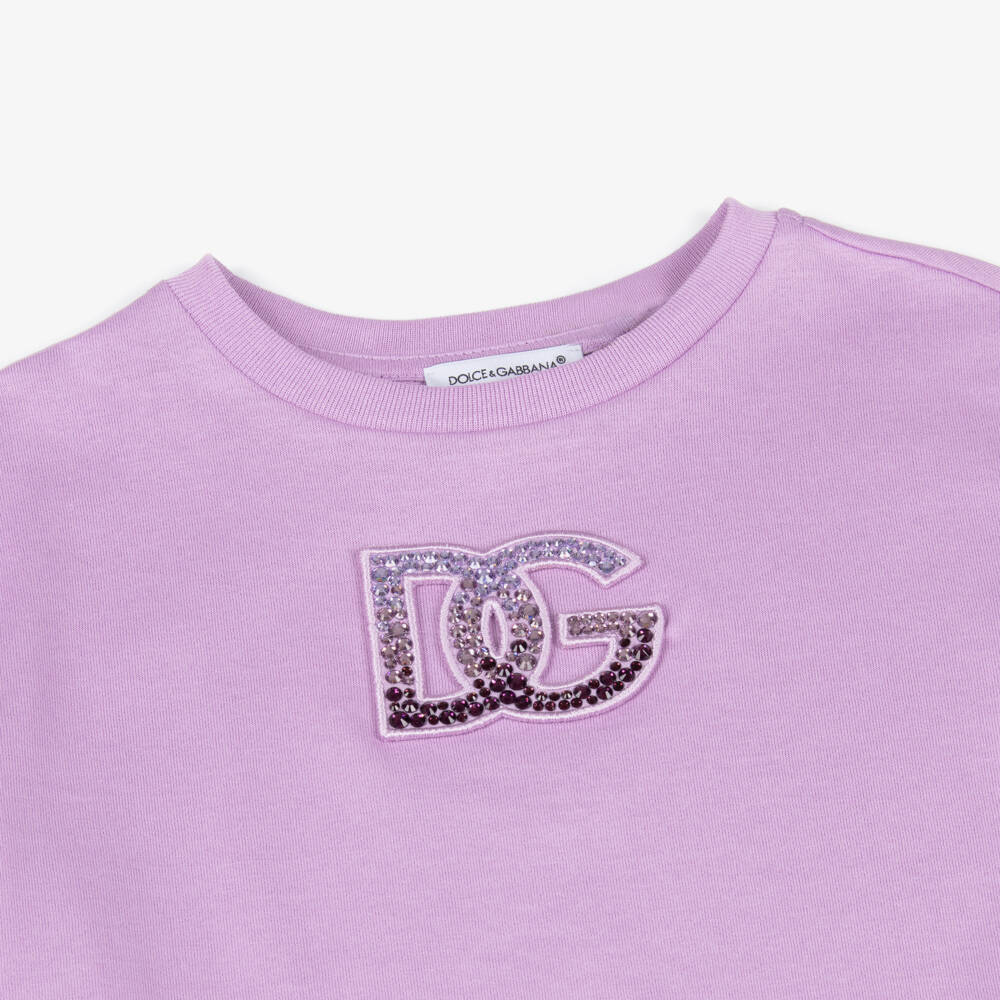 Dolce & Gabbana-Girls Purple Cotton Rhinestone DG Logo T-Shirt | Childrensalon Outlet