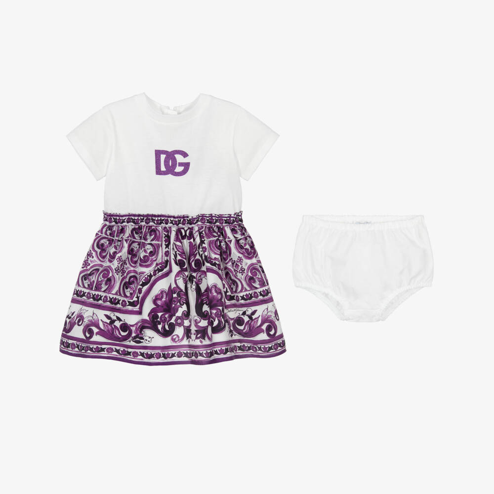 Dolce & Gabbana-Girls Purple Majolica Print Cotton Jersey & Poplin Dress | Childrensalon Outlet