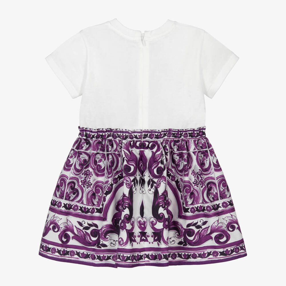 Dolce & Gabbana-Girls Purple Majolica Print Cotton Jersey & Poplin Dress | Childrensalon Outlet