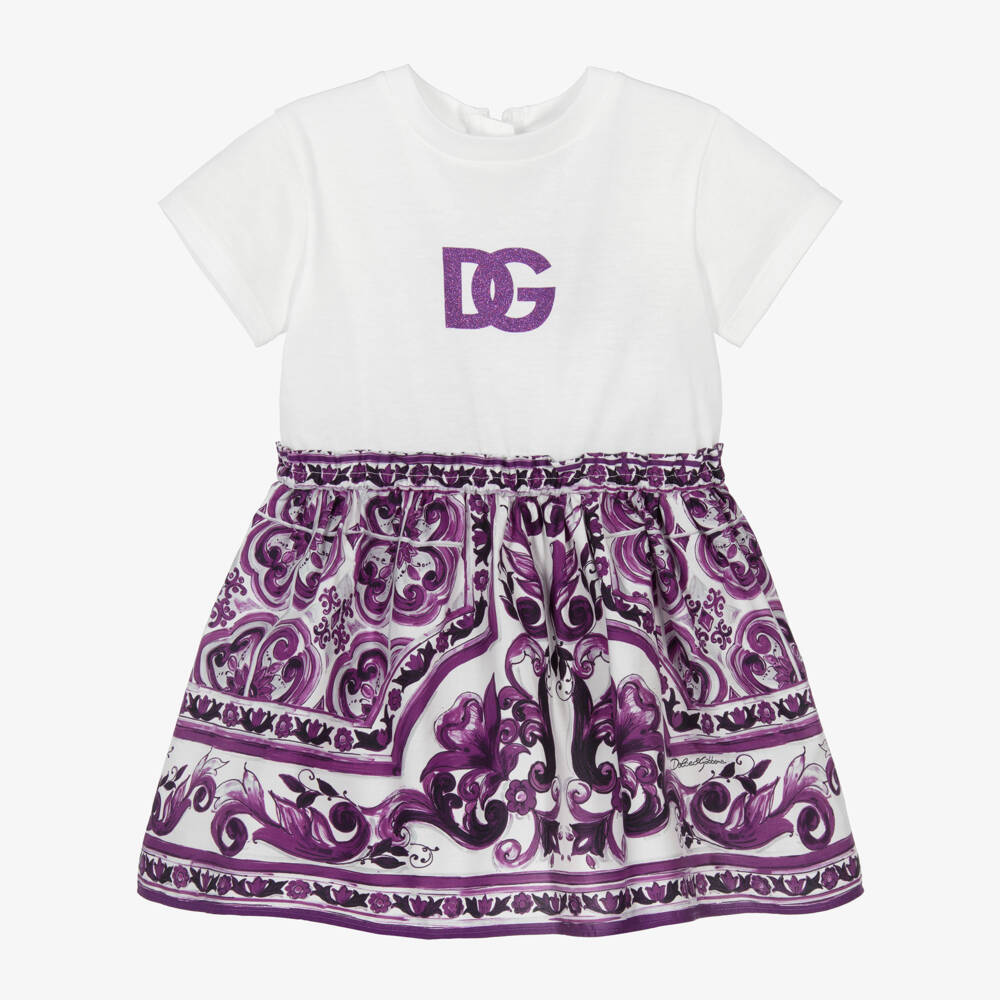 Dolce & Gabbana-Girls Purple Majolica Print Cotton Jersey & Poplin Dress | Childrensalon Outlet