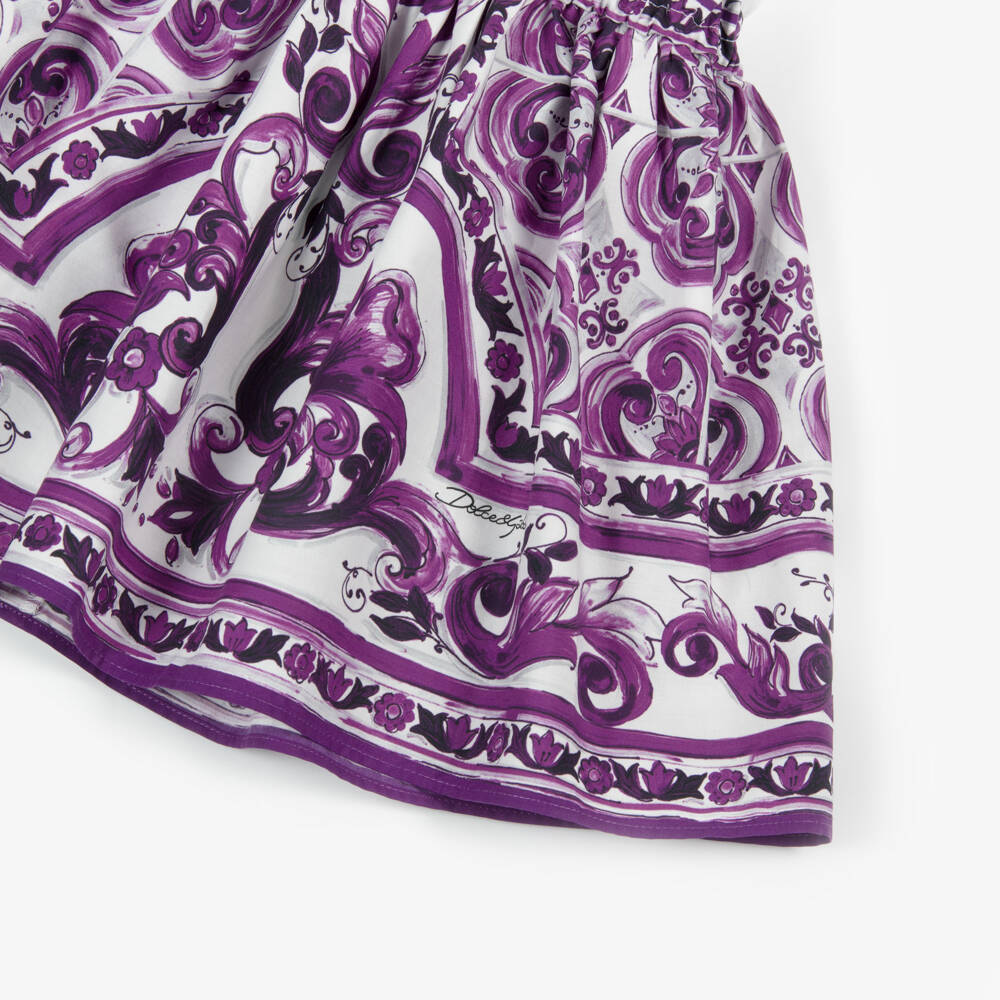 Dolce & Gabbana-Girls Purple Majolica Print Cotton Jersey & Poplin Dress | Childrensalon Outlet