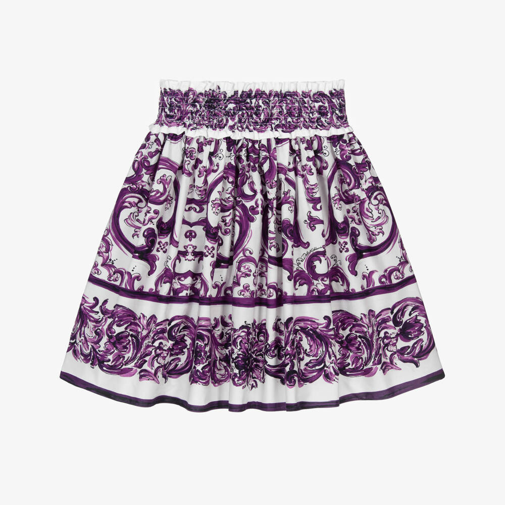 Dolce & Gabbana-Girls Purple Majolica Print Cotton Skirt with Shirred Waist | Childrensalon Outlet