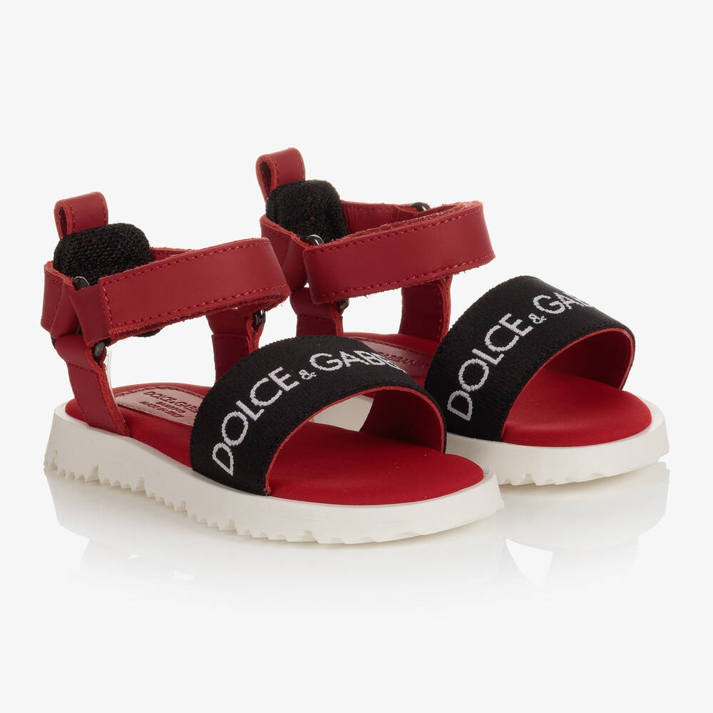 Dolce & Gabbana - Girls Red & Black Leather Logo Sandals | Childrensalon