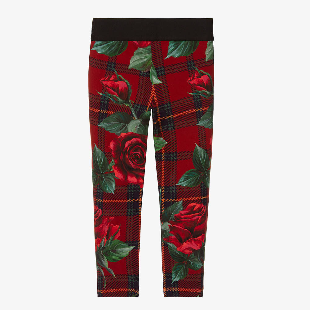 Dolce & Gabbana-Girls Red Cotton Tartan & Rose Leggings | Childrensalon Outlet