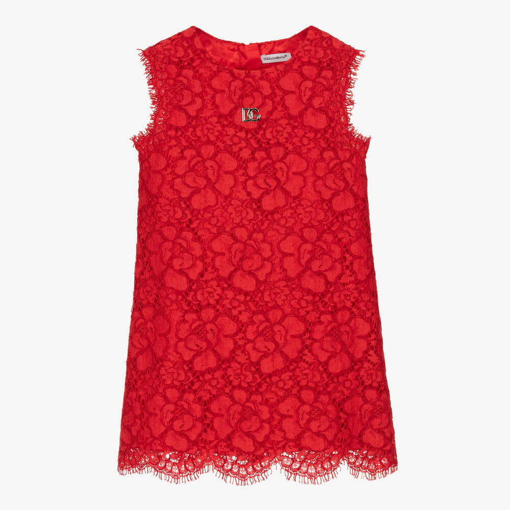 Dolce & Gabbana - Girls Red Lace DG Logo Dress  | Childrensalon
