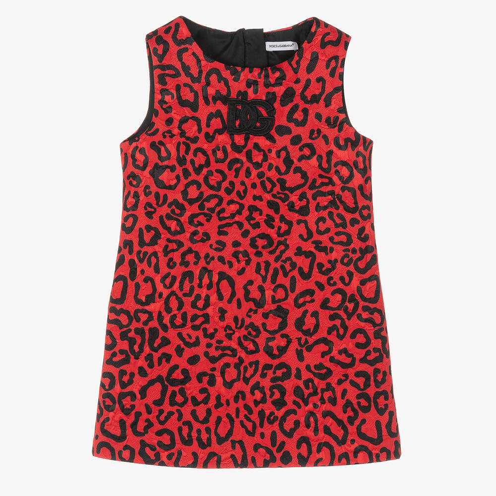 Dolce & Gabbana - Girls Red Leopard Jaquard Logo Dress  | Childrensalon
